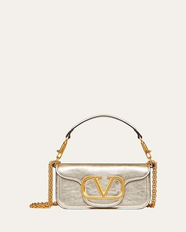 Loco Small VLOGO Metallic Crackle Leather Shoulder Bag